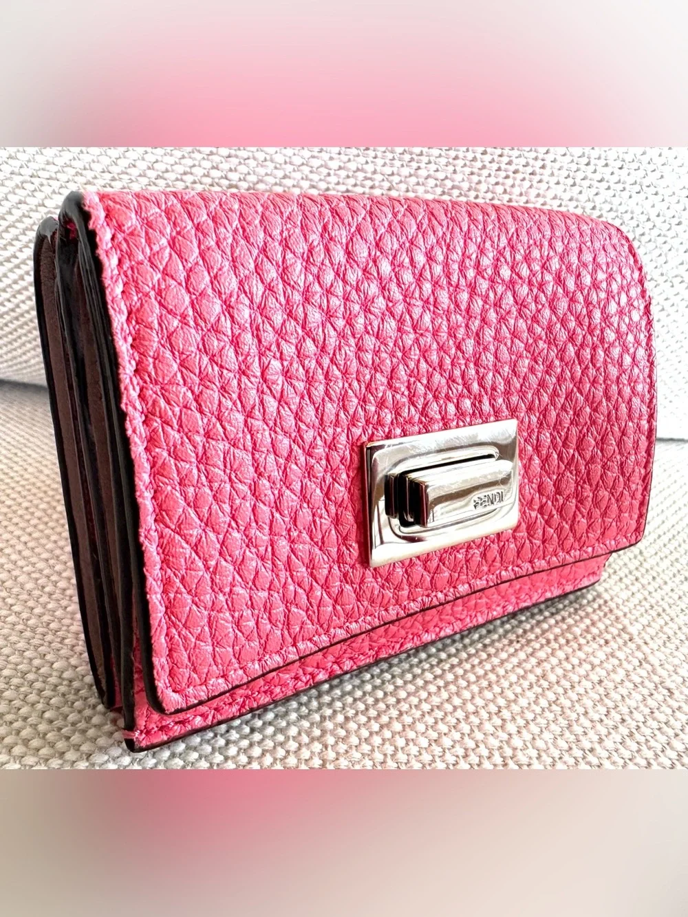 FENDI Bright Pink Pebbled Leather Mini Turn Lock Wallet Italy